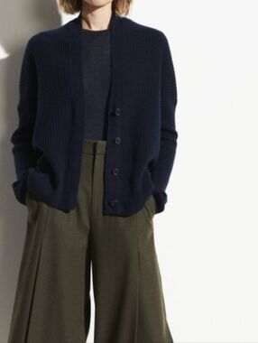Vince Ribbed Button Cardigan In Wave Crest Navy Cashmere Wool Blend